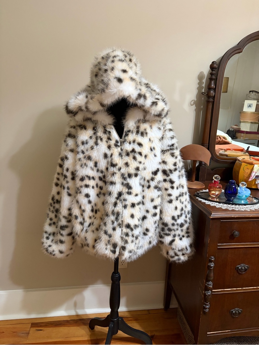 Urban Outfitters White Faux Fur Hooded Jacket with Black Spots